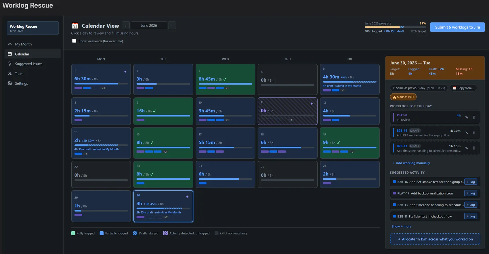 Worklog Rescue calendar view: a month grid with days shaded green (target met), blue (partly logged), and purple (activity detected but not yet logged).